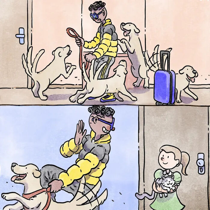 Heartwarming comics capture life with pets, with a person walking multiple dogs and a girl holding a cat. Heartwarming comics capture life with pets, with a person walking multiple dogs and a girl holding a cat.