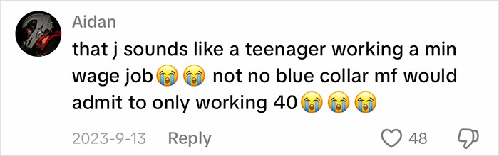 A social media comment questioning if the shared info is from a blue-collar husband. A social media comment questioning if the shared info is from a blue-collar husband.