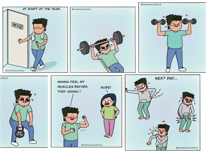 Adorable comics showing a man's attempt at working out and the subsequent soreness.