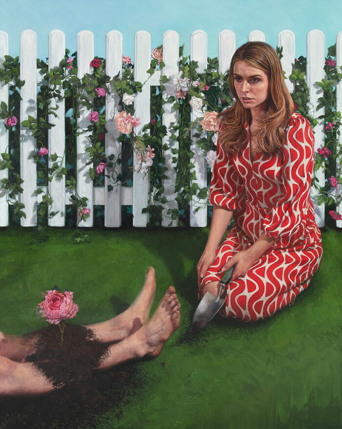 Hyperrealist painting by Ian Cumberland: A woman in a red jumpsuit with a shovel, looking at a rose growing from buried feet.