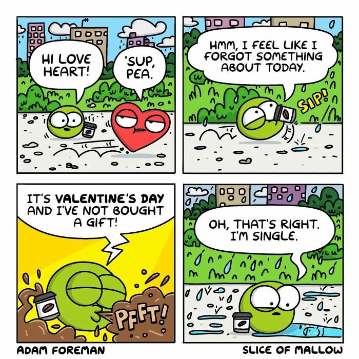 Humorous comics: a marshmallow feels sad on Valentine's Day, realizing they are single, while a heart character enjoys coffee.