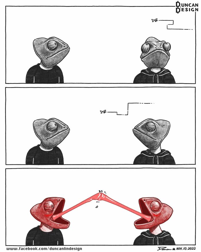 A relatable comic depicting two chameleon-headed people catching a fly with their tongues.
