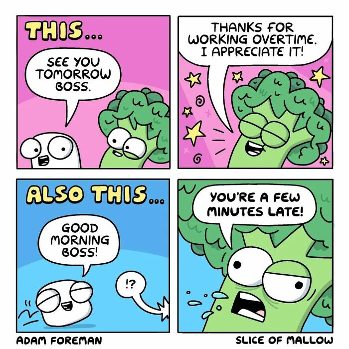 Humorous comics: a marshmallow experiences different treatment from their boss after working overtime and being a few minutes late.
