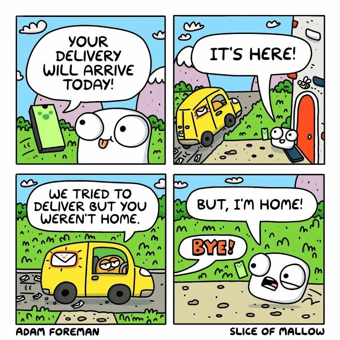 A marshmallow cartoon character experiences humorous delivery frustration, missing a package while at home.