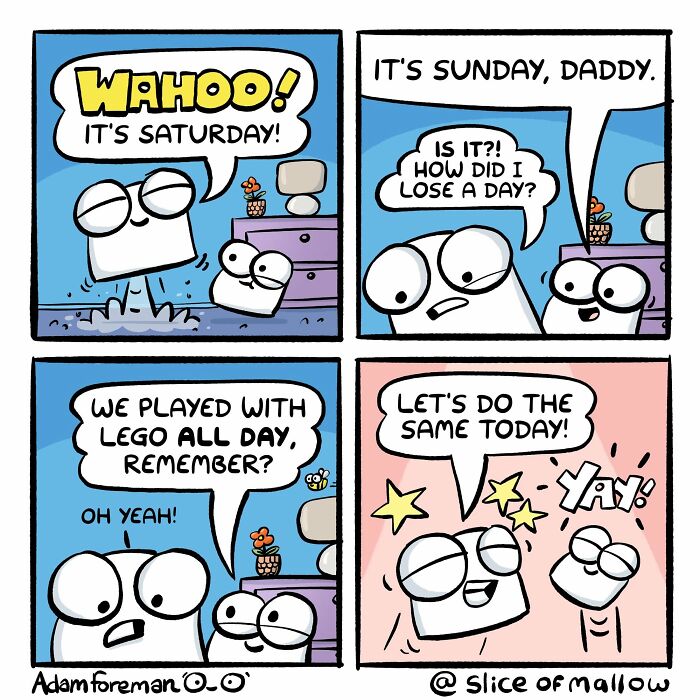 A marshmallow cartoon father realizes he lost a day and celebrates playing with LEGOs with his child.