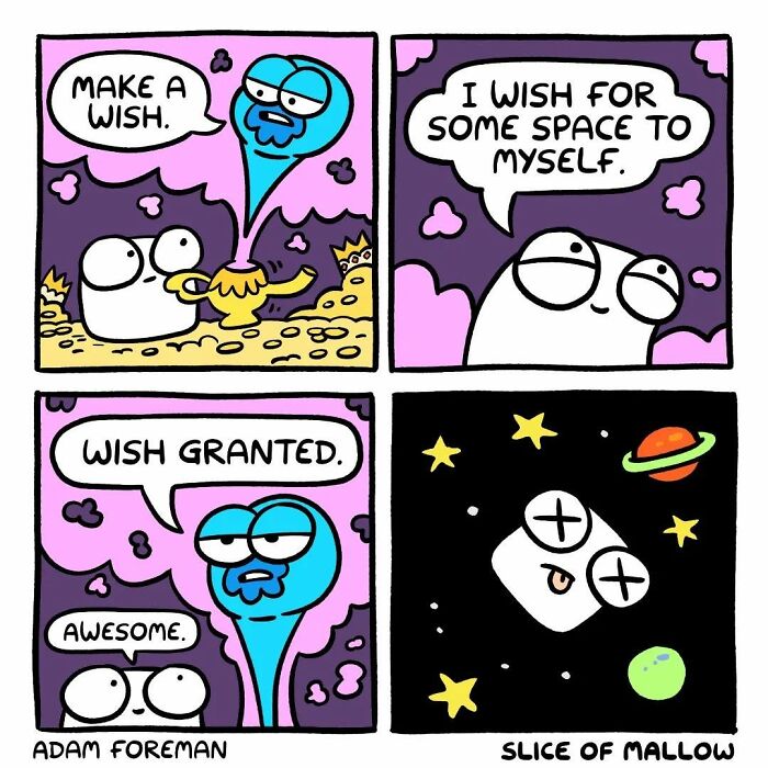 A marshmallow cartoon character wishes for space and is granted a humorous trip to outer space.