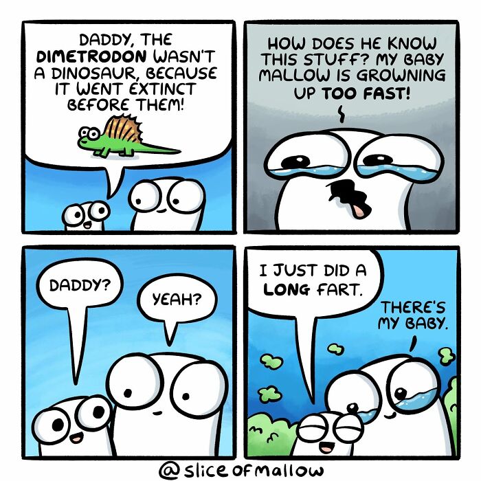 A marshmallow cartoon father reacts to his child's flatulence, humorously calling it his baby.