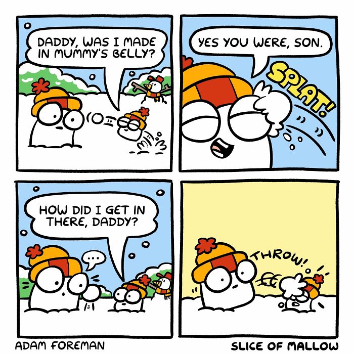 Humorous comics by Adam Foreman with a marshmallow father and son snowball fight while discussing where babies come from.