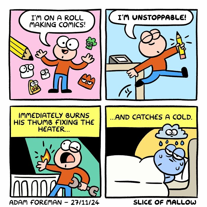 Humorous comics of a marshmallow experiencing creative highs and frustrating lows, burning a thumb and catching a cold.