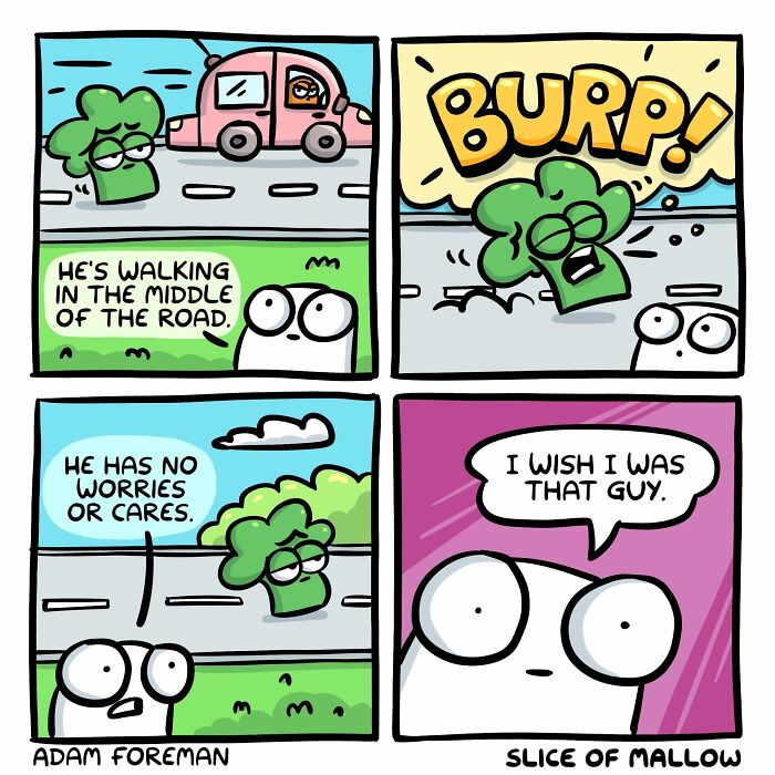 Humorous comics showing a marshmallow observing a carefree broccoli burping while walking in the road, wishing to be like it.