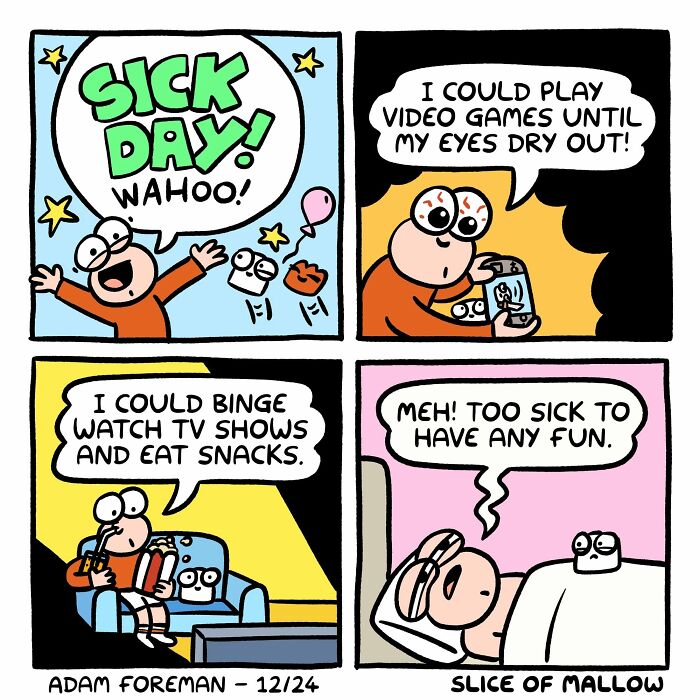 Humorous comics about a marshmallow's sick day, initially excited for video games and TV, but too sick to enjoy anything.