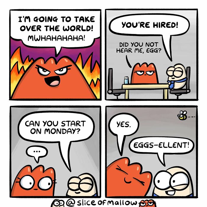 Humorous comics showing a marshmallow planning world domination and hiring an egg, celebrating the successful recruitment.