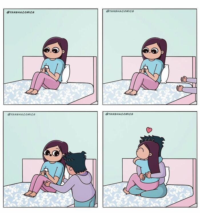 Adorable comics showing a man surprising a woman on a bed with a hug.