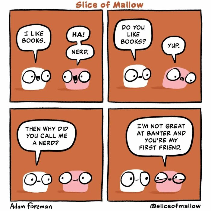 Humorous comics by Adam Foreman showing two marshmallow characters discussing books and the meaning of 'nerd'.