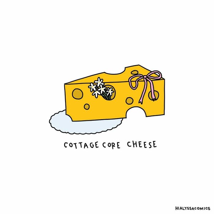 Funny comics image of a piece of cheese with flowers and a bow, labeled cottage core cheese.