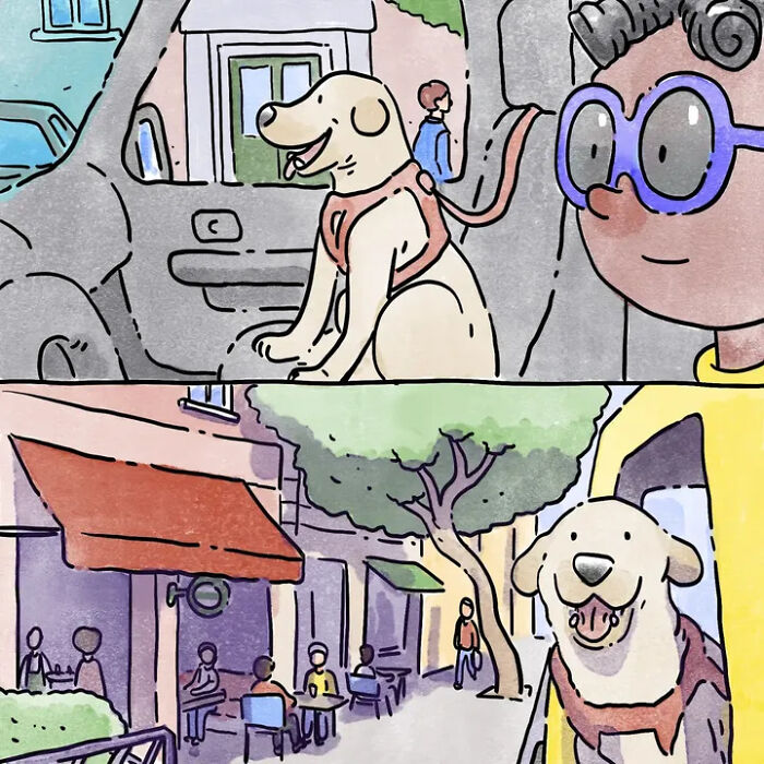Heartwarming comics capture life with pets, showing a dog in a car and then looking out a car window at a cafe. Heartwarming comics capture life with pets, showing a dog in a car and then looking out a car window at a cafe.