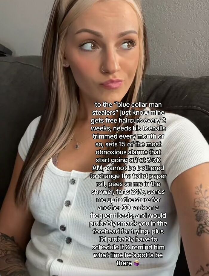 A woman sharing details about her blue-collar husband and the information women would share. A woman sharing details about her blue-collar husband and the information women would share.