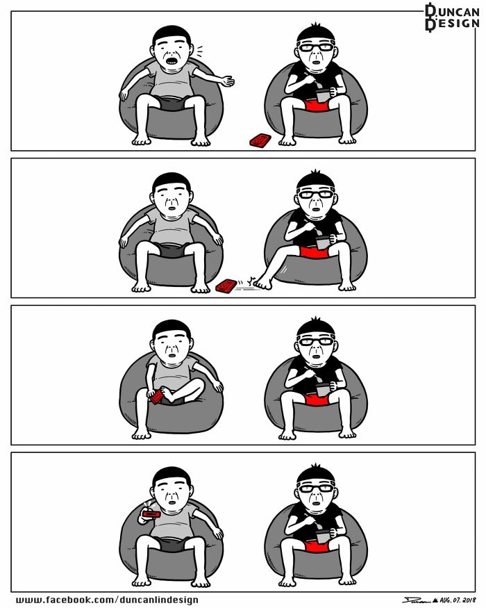 Relatable comics depicting everyday life with a person dropping a remote and struggling to retrieve it from a beanbag.