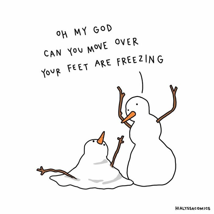 Funny comics image of a snowman melting next to another, who complains about freezing feet.