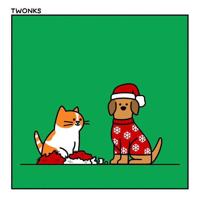 Funny cat comic by Steve Nelson: A white and orange cat sits beside a pile of red shredded paper next to a dog in a Christmas sweater.