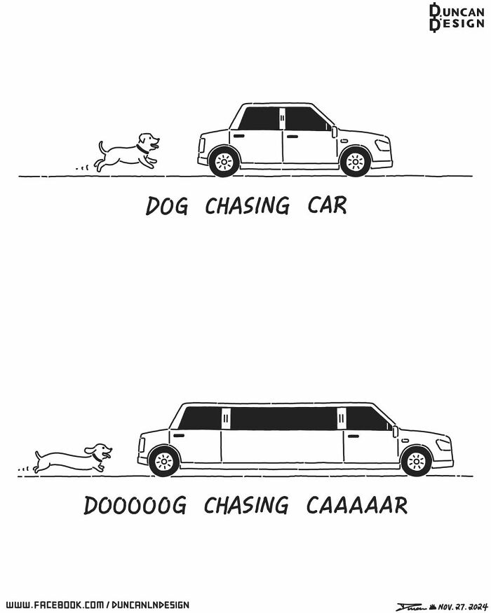 A comic about everyday life revelations illustrating a dog chasing a car and then a very long car.