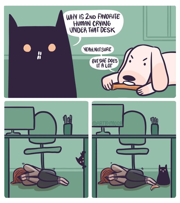A comic by Meg Adams illustrating a cat and a dog observing a human crying under a desk.