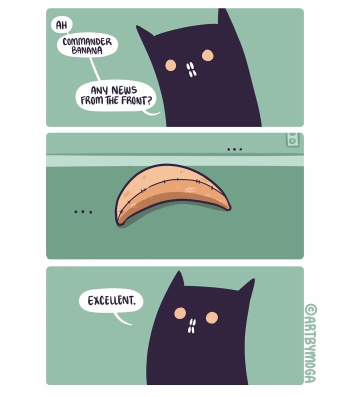 A comic by Meg Adams showing a dark, bat-eared cat asking for news about 'Commander Banana', which is a banana peel.