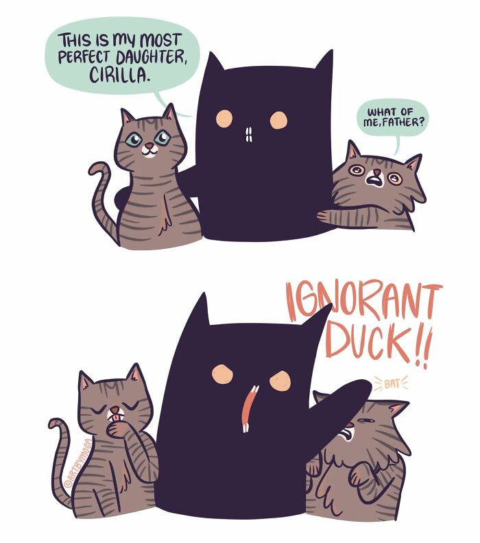A comic by Meg Adams where a bat-eared cat introduces its 'most perfect daughter' while another cat is rejected.