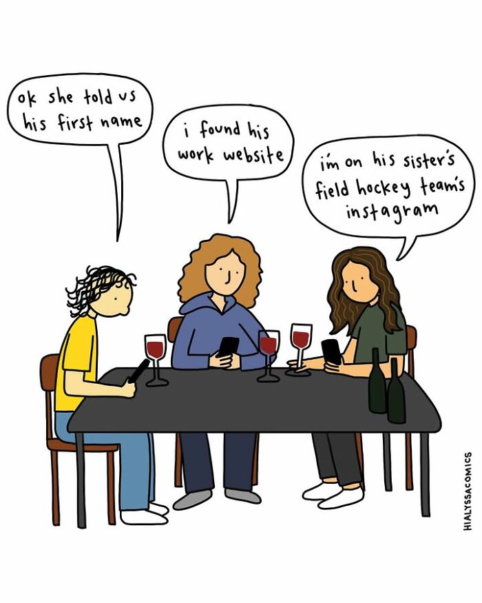 Funny comics image of three women at a table with wine, engrossed in their phones and sharing search findings.