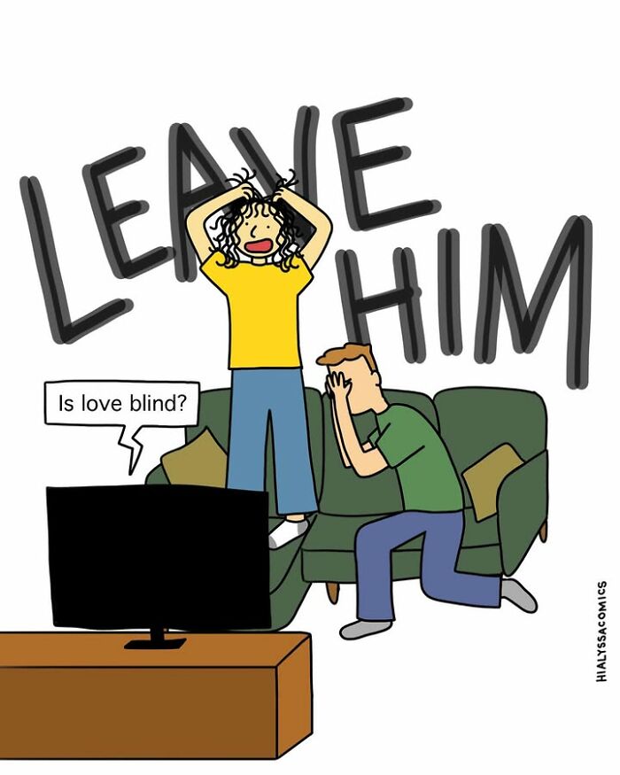 Funny comics image showing a couple reacting intensely to a TV, with 'LEAVE HIM' written large.