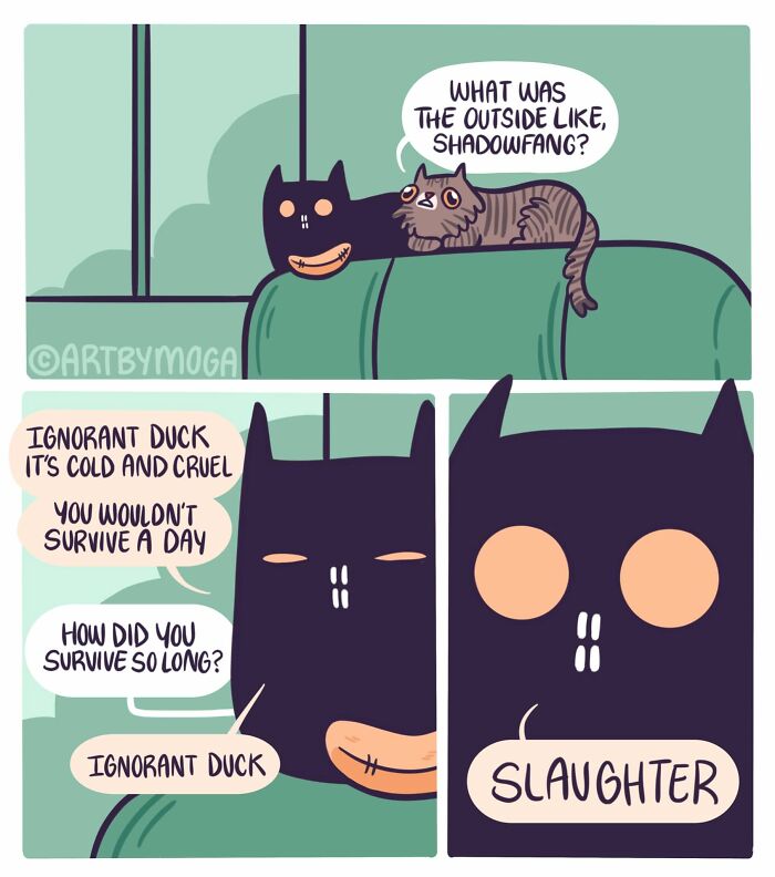 A comic by Meg Adams depicting a cat on a couch talking to a dark, bat-eared cat about the outside world.