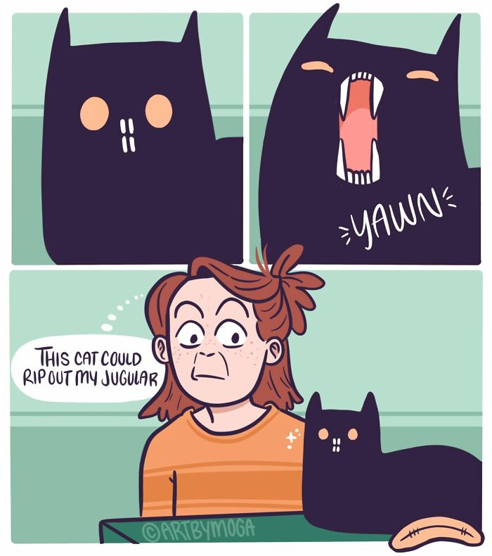 Relatable comic showing a cat yawning widely while its owner ponders the cat's potential for mischief.