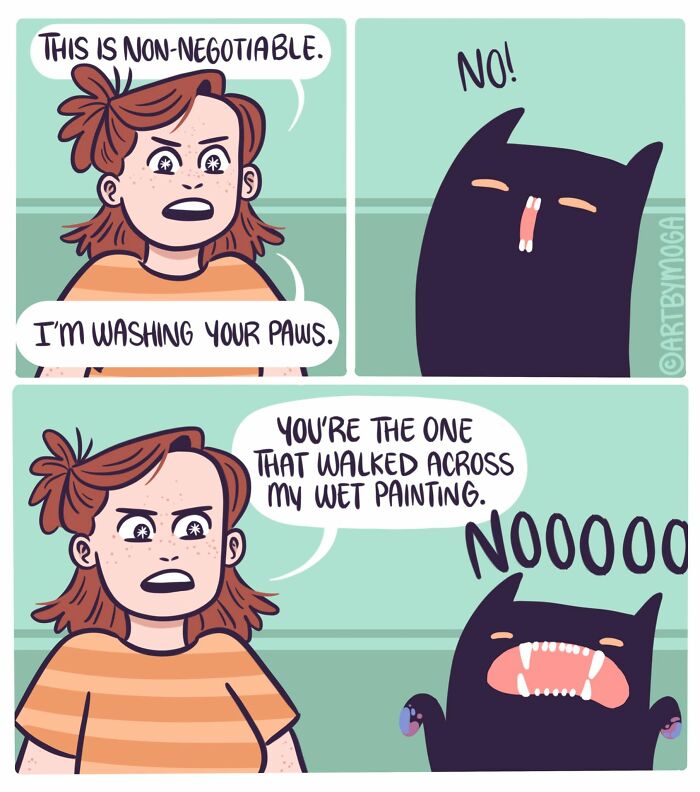 Comic about life with a cat: a girl insisting on washing her cat's paws after it walked on a wet painting.