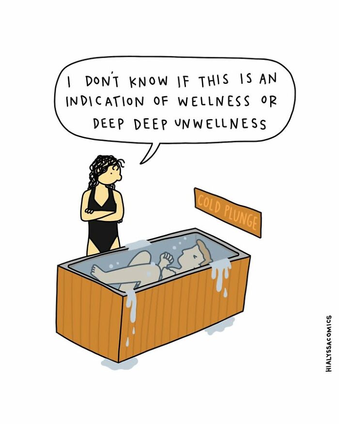 Funny comics image of a person in a cold plunge tub while another ponders wellness.