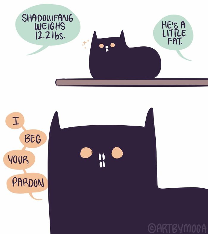 Humorous comic about life with a cat named Shadowfang who is called a little fat, reacting with indignation.