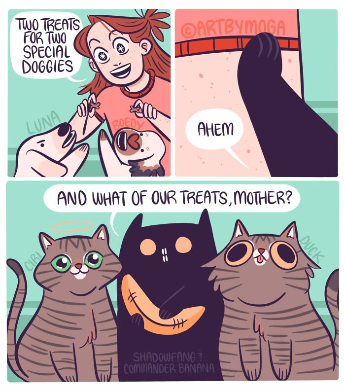Relatable comic about life with a cat: owner giving treats to dogs, while three cats, including Shadowfang, demand their treats.