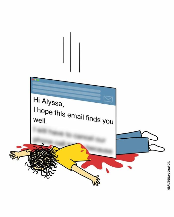 Artist comics humorously showing a large email crushing a person, covered in red liquid.