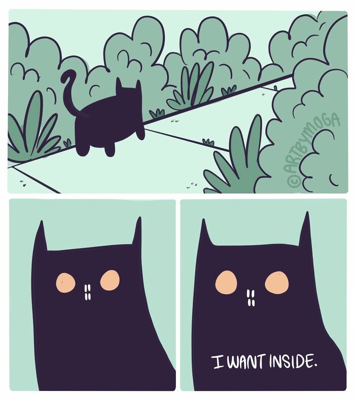 A comic by Meg Adams showing a cat wanting to go inside after being outside.