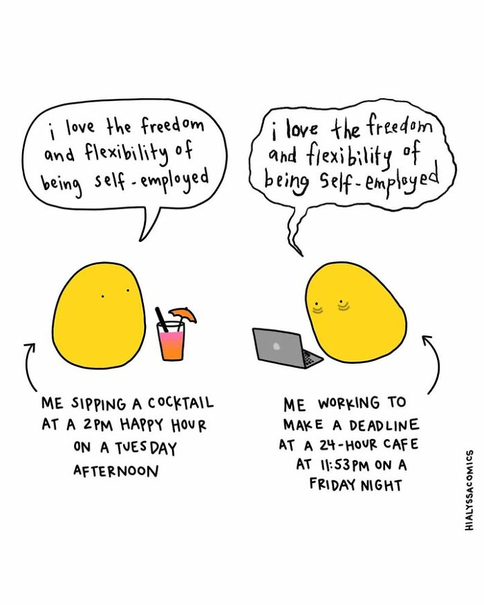 Artist comics illustrating the contrasting sides of self-employed freedom.