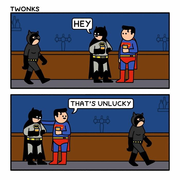 Funny cat comic by Steve Nelson: A cat in a Batman costume walks past Superman and Batman who say, Hey! That's unlucky.