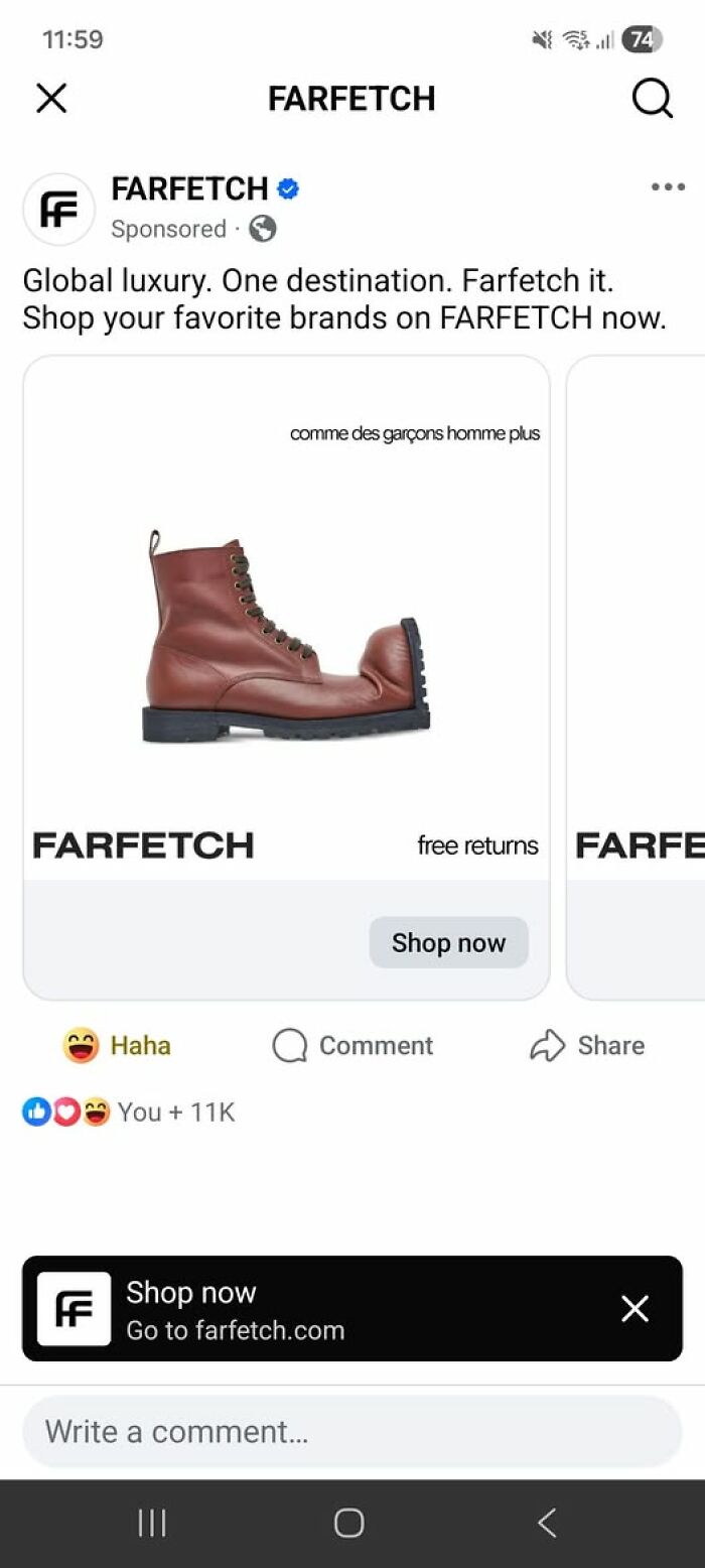 A single brown leather boot with an exaggerated, unwearable toe design, a clear example of hilariously bad fashion.