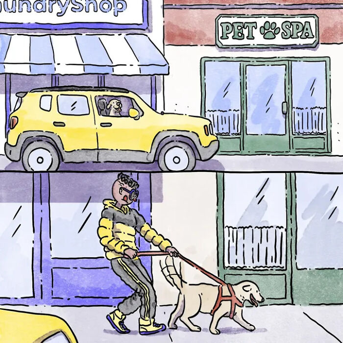 Heartwarming comics capture life with pets, with a person walking a dog past a pet spa and a dog in a car. Heartwarming comics capture life with pets, with a person walking a dog past a pet spa and a dog in a car.