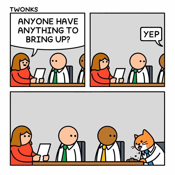 Funny cat comics: a cat in a suit sitting at a table with people, vomiting on the table.
