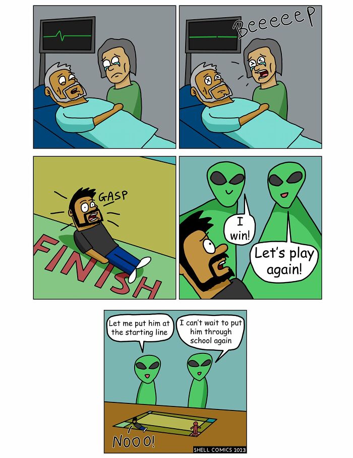 A relatable comic shows a man dying, then aliens revive him to play a board game, winning and returning him to school.