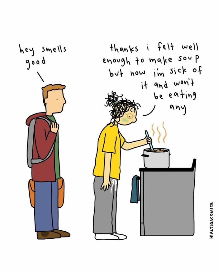 Artist comics depicting a person making soup but losing appetite due to feeling sick.