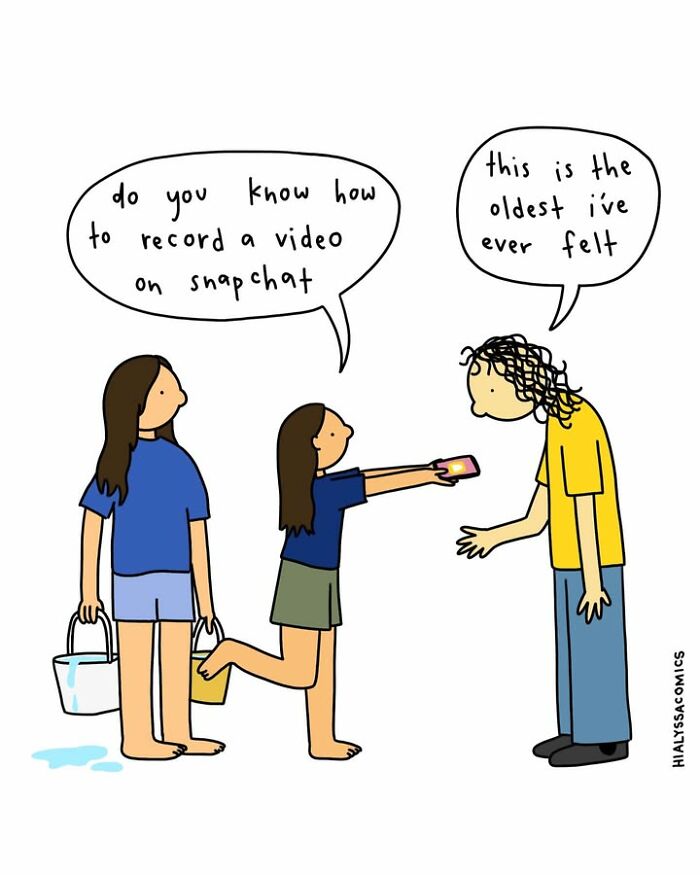 Artist comics featuring a woman feeling old when asked to record a Snapchat video.