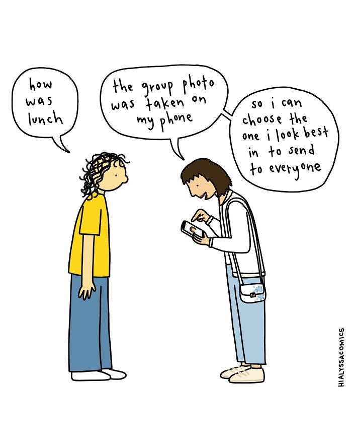 Artist comics showing a woman preferring to select the best group photo of herself.