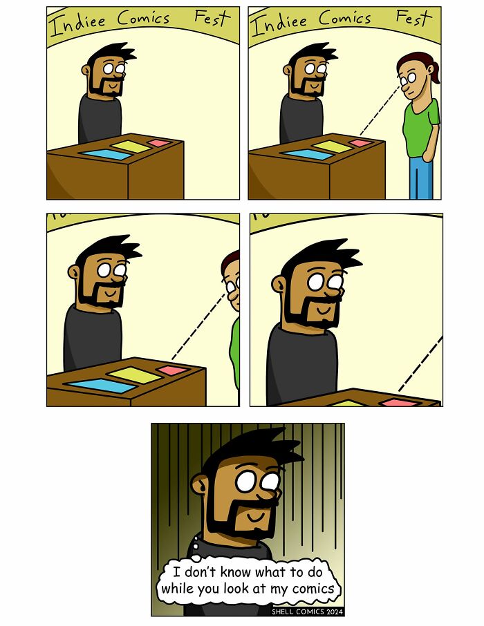 A relatable comic shows an artist at a comic fest feeling awkward while a person looks at his comics.