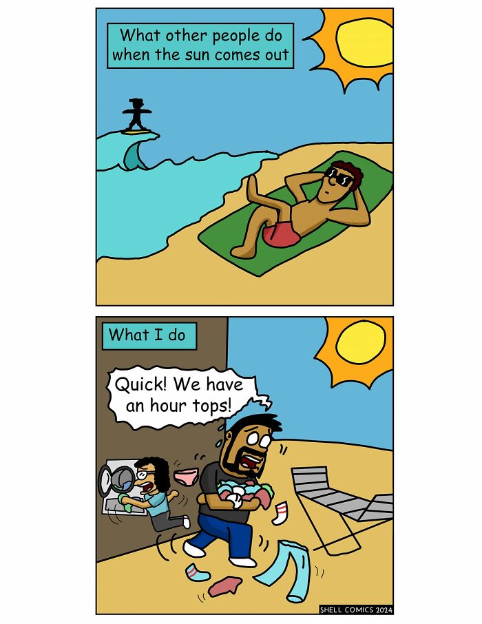 A relatable comic shows people enjoying the sun, while another panel shows a couple rushing to do laundry and clean before the sun sets.