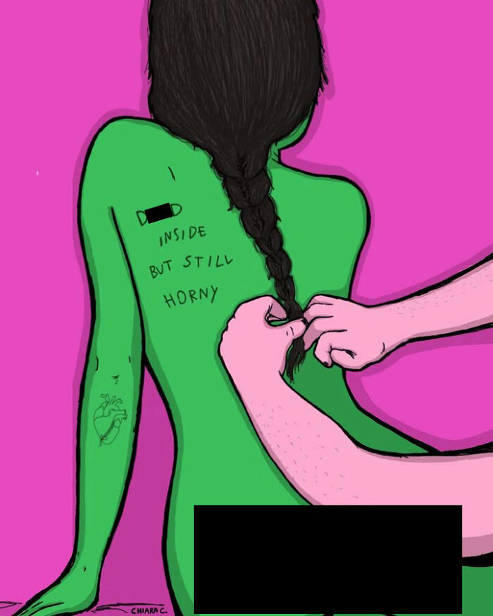 A woman illustrates modern society by depicting a green figure with a braid and text reading 'D**D INSIDE BUT STILL H***Y.'